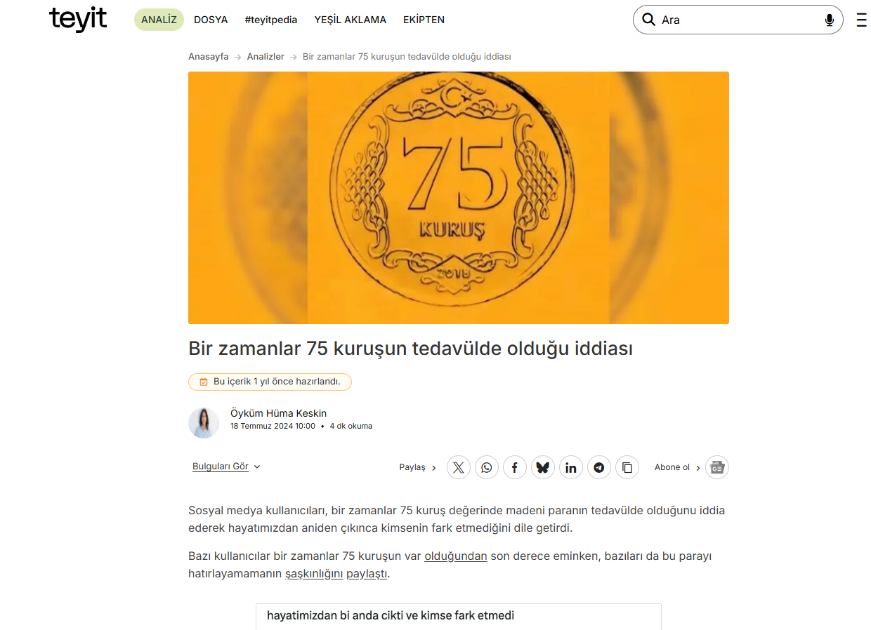 Bir zamanlar 75 kuruşun tedavülde olduğu iddiası
